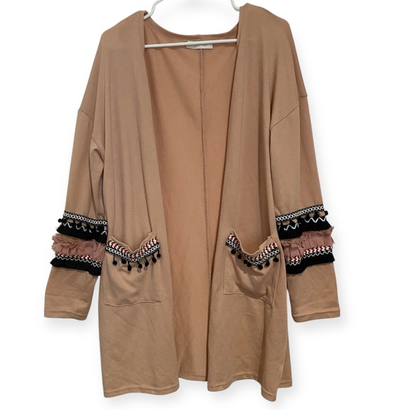 HIPSTER ROW XL Cardigan Open Front Boho Jacket Neutral Tassel Trim Pockets Cozy - Picture 1 of 10